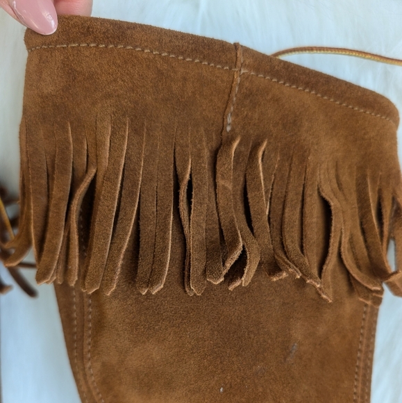 Vintage 70s Brown Suede Leather Lace Up Fringe Boots Size 6 - Picture 7 of 13